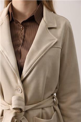 Kadın Taş Torba Cepli Kuşaklı Kruvaze Yaka Kaban VS01257