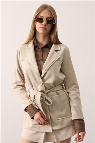 Kadın Taş Torba Cepli Kuşaklı Kruvaze Yaka Kaban VS01257