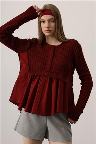 Kadın Bordo Triko Panel Detaylı Katmanlı Bluz VS01249
