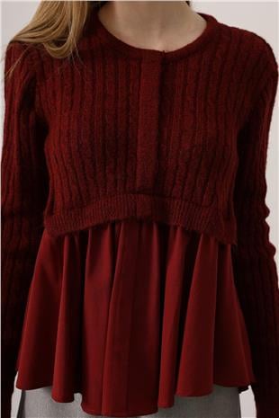Kadın Bordo Triko Panel Detaylı Katmanlı Bluz VS01249