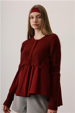 Kadın Bordo Triko Panel Detaylı Katmanlı Bluz VS01249