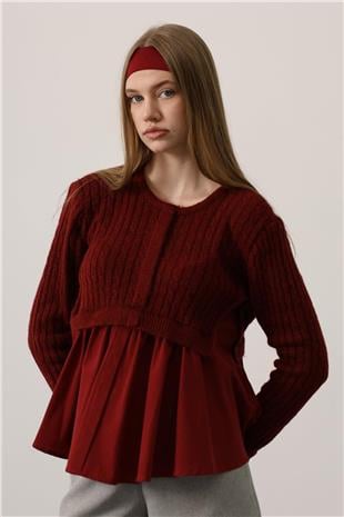 Kadın Bordo Triko Panel Detaylı Katmanlı Bluz VS01249