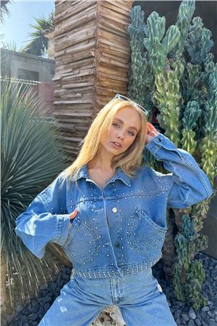 Kadın Mavi Trok Çakımlı Crop Jean Ceket ALC-X11169