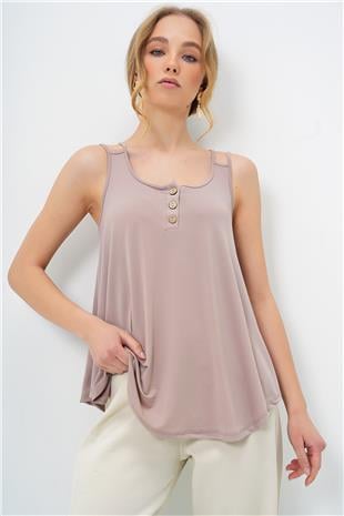 Kadın Bej U Yaka Çapraz Askılı Düğme Detaylı Sandy Kloş Kesim Bluz ALC-X13515