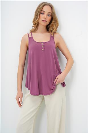 Kadın Gül Kurusu U Yaka Çapraz Askılı Düğme Detaylı Sandy Kloş Kesim Bluz ALC-X13515