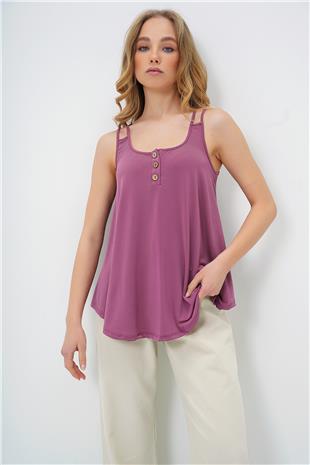 Kadın Gül Kurusu U Yaka Çapraz Askılı Düğme Detaylı Sandy Kloş Kesim Bluz ALC-X13515