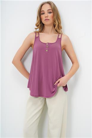 Kadın Gül Kurusu U Yaka Çapraz Askılı Düğme Detaylı Sandy Kloş Kesim Bluz ALC-X13515