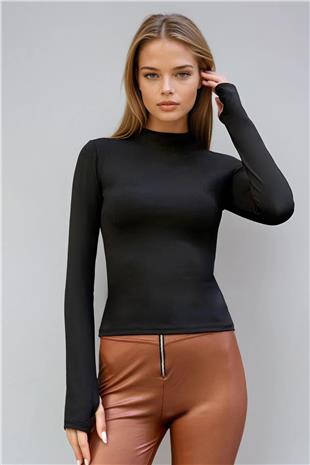 Kadın Siyah Uzun Kollu Dik Yaka Basic Bluz VS00987