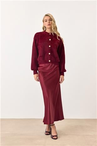 Kadın Bordo Uzun Kollu Düğmeli Tüylü Triko Hırka VS00913