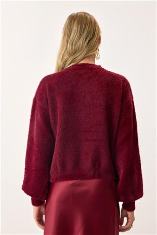 Kadın Bordo Uzun Kollu Düğmeli Tüylü Triko Hırka VS00913
