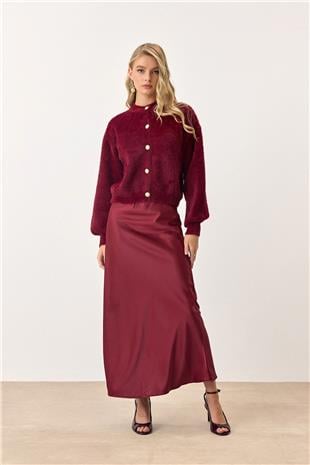 Kadın Bordo Uzun Kollu Düğmeli Tüylü Triko Hırka VS00913