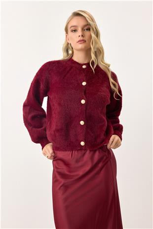 Kadın Bordo Uzun Kollu Düğmeli Tüylü Triko Hırka VS00913