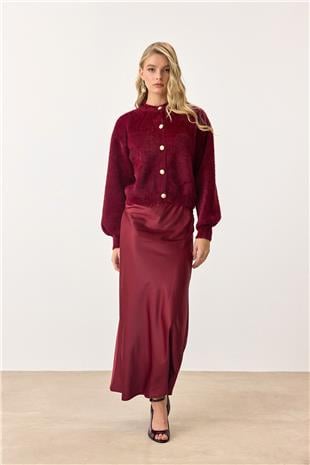 Kadın Bordo Uzun Kollu Düğmeli Tüylü Triko Hırka VS00913