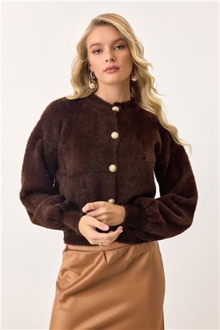 Kadın Kahverengi Uzun Kollu Düğmeli Tüylü Triko Hırka VS00913