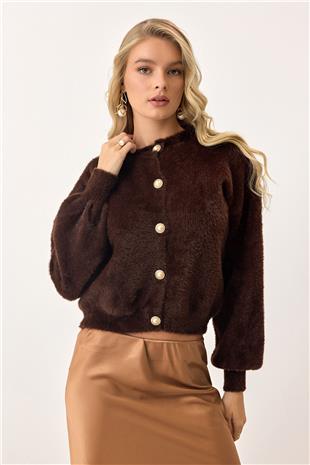 Kadın Kahverengi Uzun Kollu Düğmeli Tüylü Triko Hırka VS00913