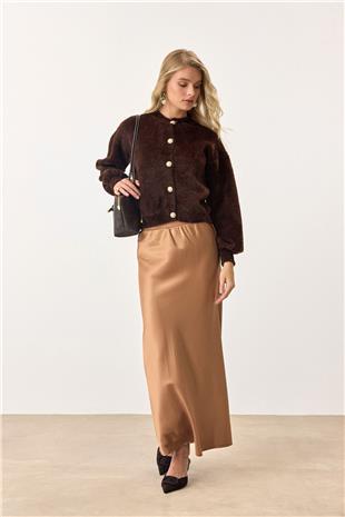 Kadın Kahverengi Uzun Kollu Düğmeli Tüylü Triko Hırka VS00913
