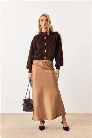 Kadın Kahverengi Uzun Kollu Düğmeli Tüylü Triko Hırka VS00913