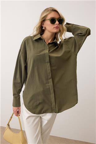 Kadın Haki Uzun Kollu Oversize Poplin Gömlek VS00925