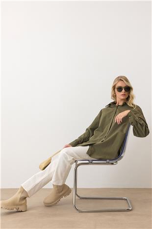 Kadın Haki Uzun Kollu Oversize Poplin Gömlek VS00925