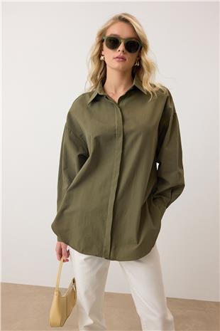 Kadın Haki Uzun Kollu Oversize Poplin Gömlek VS00925