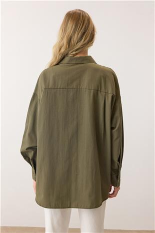 Kadın Haki Uzun Kollu Oversize Poplin Gömlek VS00925