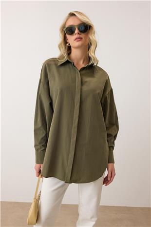 Kadın Haki Uzun Kollu Oversize Poplin Gömlek VS00925