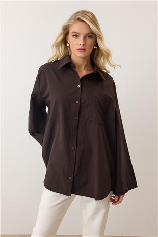 Kadın Kahverengi Uzun Kollu Oversize Poplin Gömlek VS00925