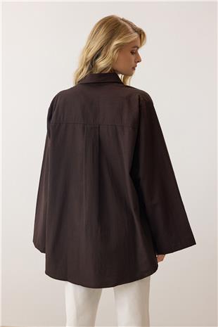 Kadın Kahverengi Uzun Kollu Oversize Poplin Gömlek VS00925