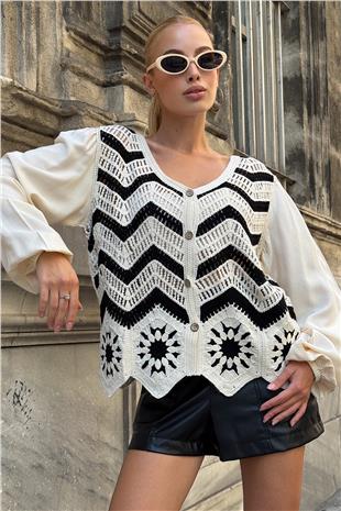 Kadın Bej Siyah V Yaka Ajur Ve Motifli Premıum Triko Hırka VS00727