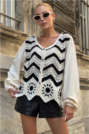 Kadın Bej Siyah V Yaka Ajur Ve Motifli Premıum Triko Hırka VS00727