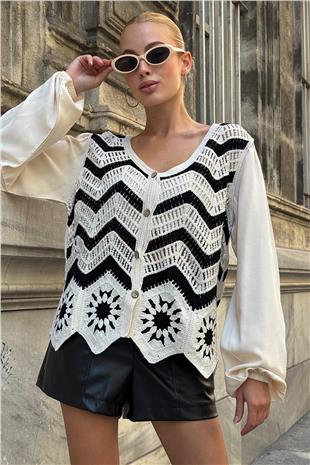 Kadın Bej Siyah V Yaka Ajur Ve Motifli Premıum Triko Hırka VS00727