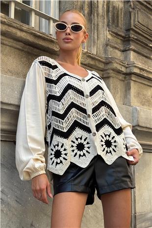 Kadın Bej Siyah V Yaka Ajur Ve Motifli Premıum Triko Hırka VS00727