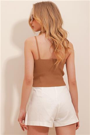 Kadın Bisküvi V Yaka Askılı Crop Triko Örme Bluz ALC-X10041