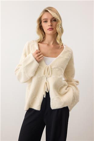 Kadın Krem V Yaka Bağcık Detaylı Desenli Triko Hırka VS00902