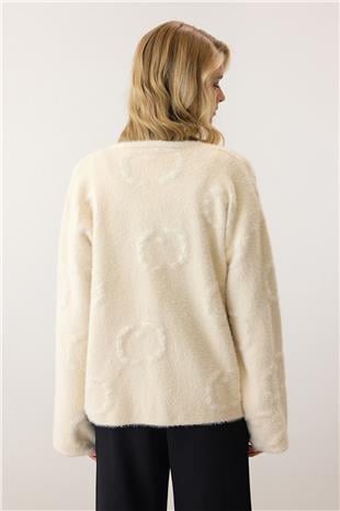 Kadın Krem V Yaka Bağcık Detaylı Desenli Triko Hırka VS00902