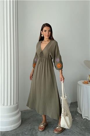 Kadın Haki V Yaka Balon Kol Bağcıklı Astarlı Uzun Elbise VS00669