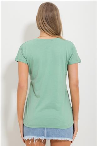 Kadın Çağla Yeşili V Yaka Basic T-Shirt ALC-1045-A