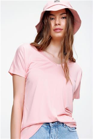 Kadın Pudra V Yaka Basic T-Shirt ALC-1045-A