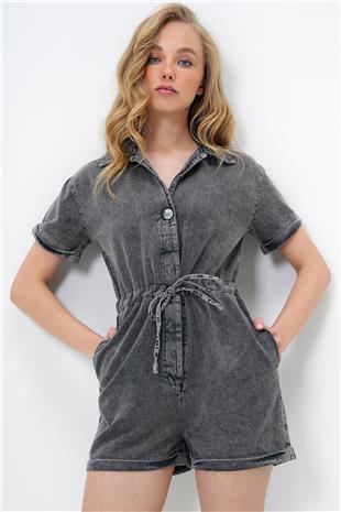 Kadın Antrasit V Yaka Belden Bağlamalı Çift Cepli Gabardin Tulum ALC-X13971