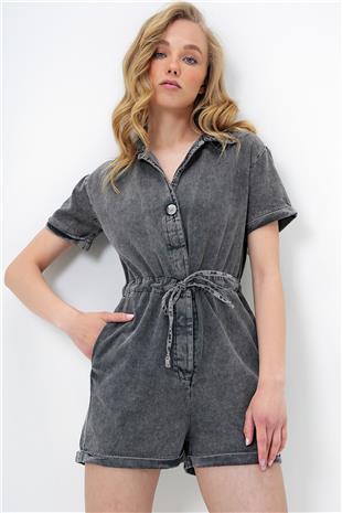 Kadın Antrasit V Yaka Belden Bağlamalı Çift Cepli Gabardin Tulum ALC-X13971