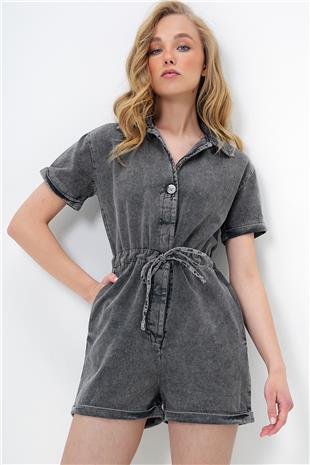 Kadın Antrasit V Yaka Belden Bağlamalı Çift Cepli Gabardin Tulum ALC-X13971