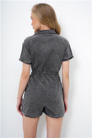 Kadın Antrasit V Yaka Belden Bağlamalı Çift Cepli Gabardin Tulum ALC-X13971