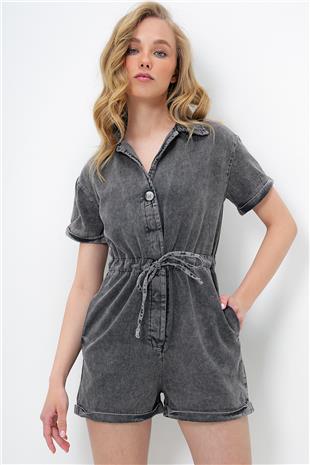 Kadın Antrasit V Yaka Belden Bağlamalı Çift Cepli Gabardin Tulum ALC-X13971