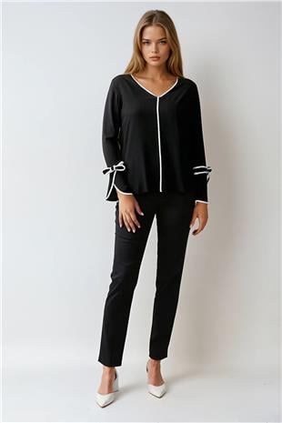 Kadın Siyah V Yaka Biyeli Kol Ucu Fiyonk Detaylı Bluz VS00926