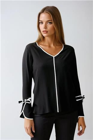 Kadın Siyah V Yaka Biyeli Kol Ucu Fiyonk Detaylı Bluz VS00926