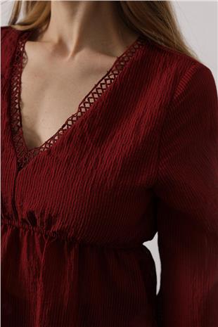 Kadın Bordo V Yaka Dantelli Bluz VS00575