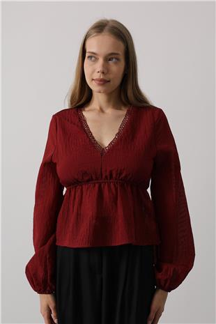 Kadın Bordo V Yaka Dantelli Bluz VS00575