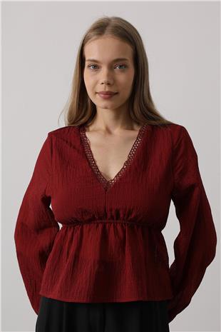 Kadın Bordo V Yaka Dantelli Bluz VS00575