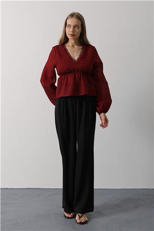 Kadın Bordo V Yaka Dantelli Bluz VS00575