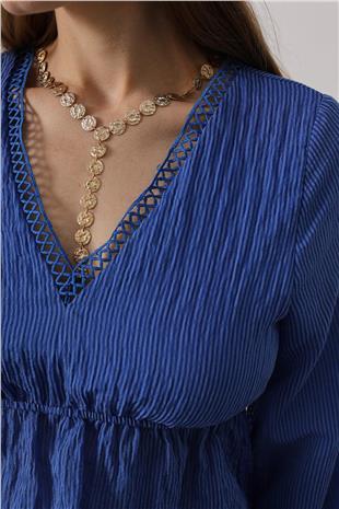 Kadın Mavi V Yaka Dantelli Bluz VS00575